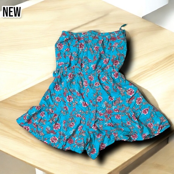 💝New Bebop Blue Floral Strapless Shorts Romper Outfit with tie ( one of the loo - Picture 2 of 8